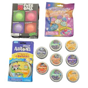 NeeDoh Fuzz Ball 4pk, Crazy Aaron's Better Butter and 8 Halloween Mini tins plus Mystery Dumplings