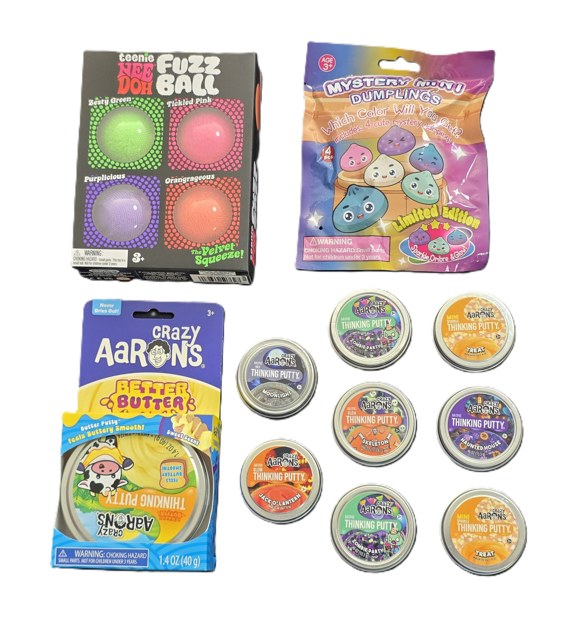 NeeDoh Fuzz Ball 4pk, Crazy Aaron's Better Butter and 8 Halloween Mini tins plus Mystery Dumplings